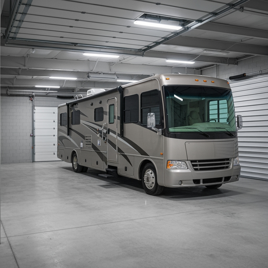 RV being stored in a covered storage facility
