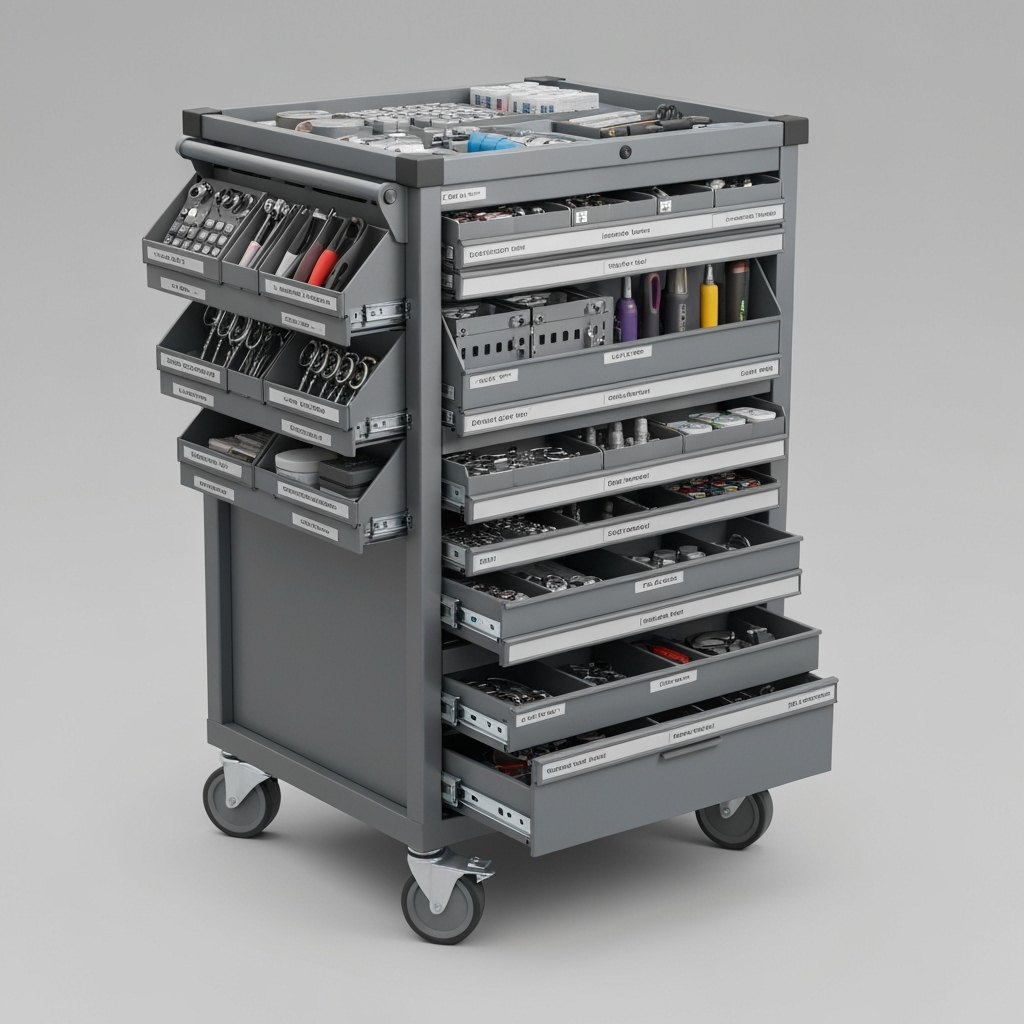 Organized mobile storage cart for hybrid work equipment
