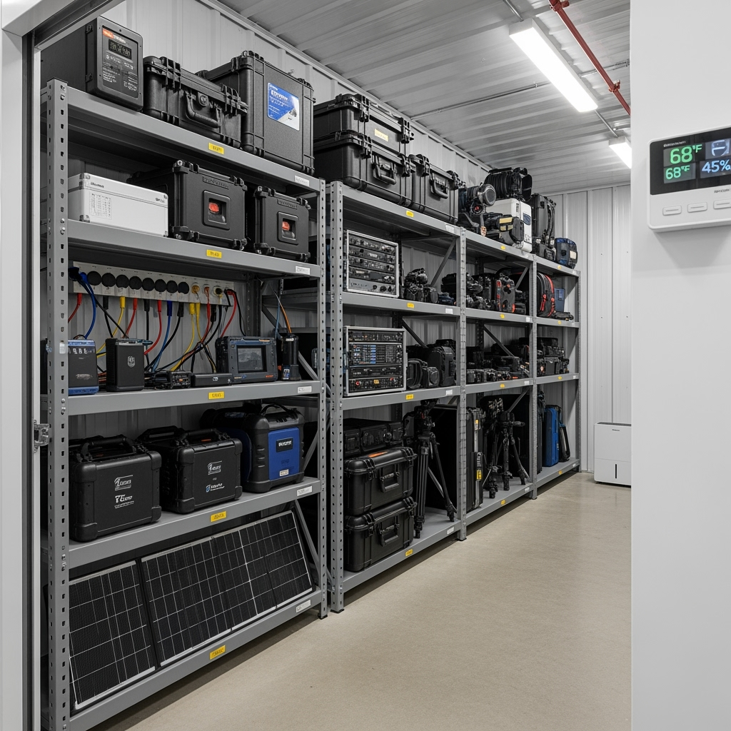 Climate-controlled storage unit with organized equipment