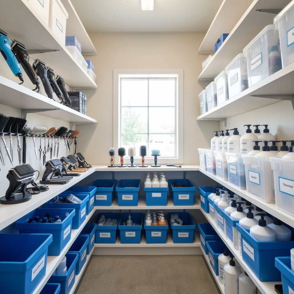 Organized storage unit with pet grooming equipment and supplies