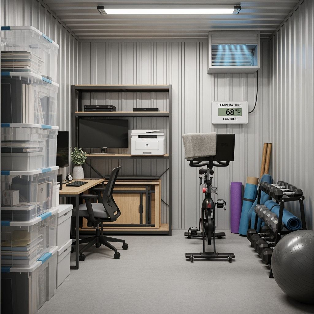 An organized storage space showing both office and exercise equipment stored properly