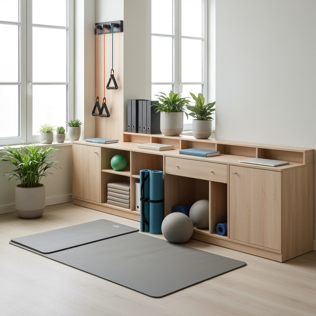Organized home office storage system with wellness elements