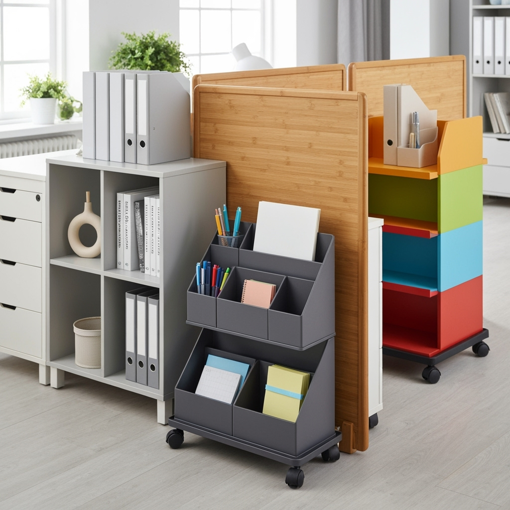 Detailed view of innovative home office storage solutions and organization systems
