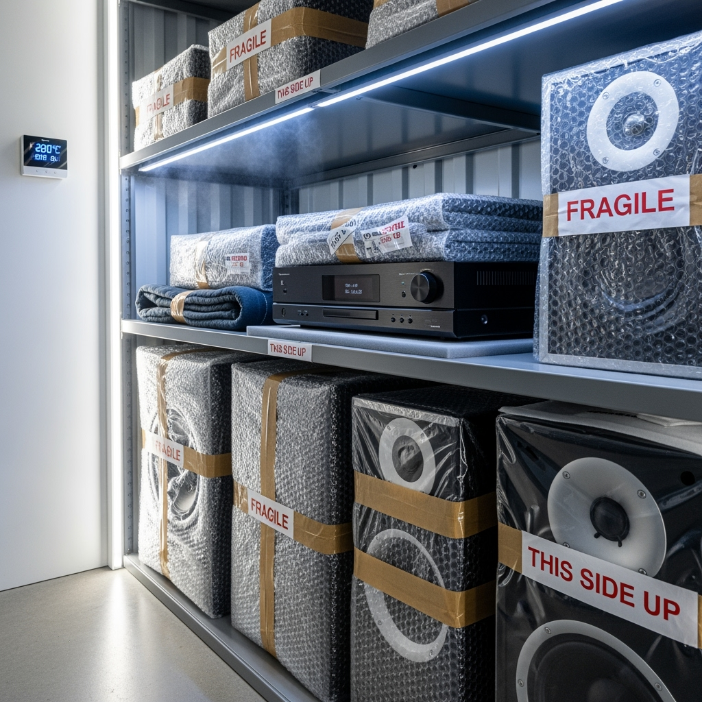 Close-up of protected home theater components in storage