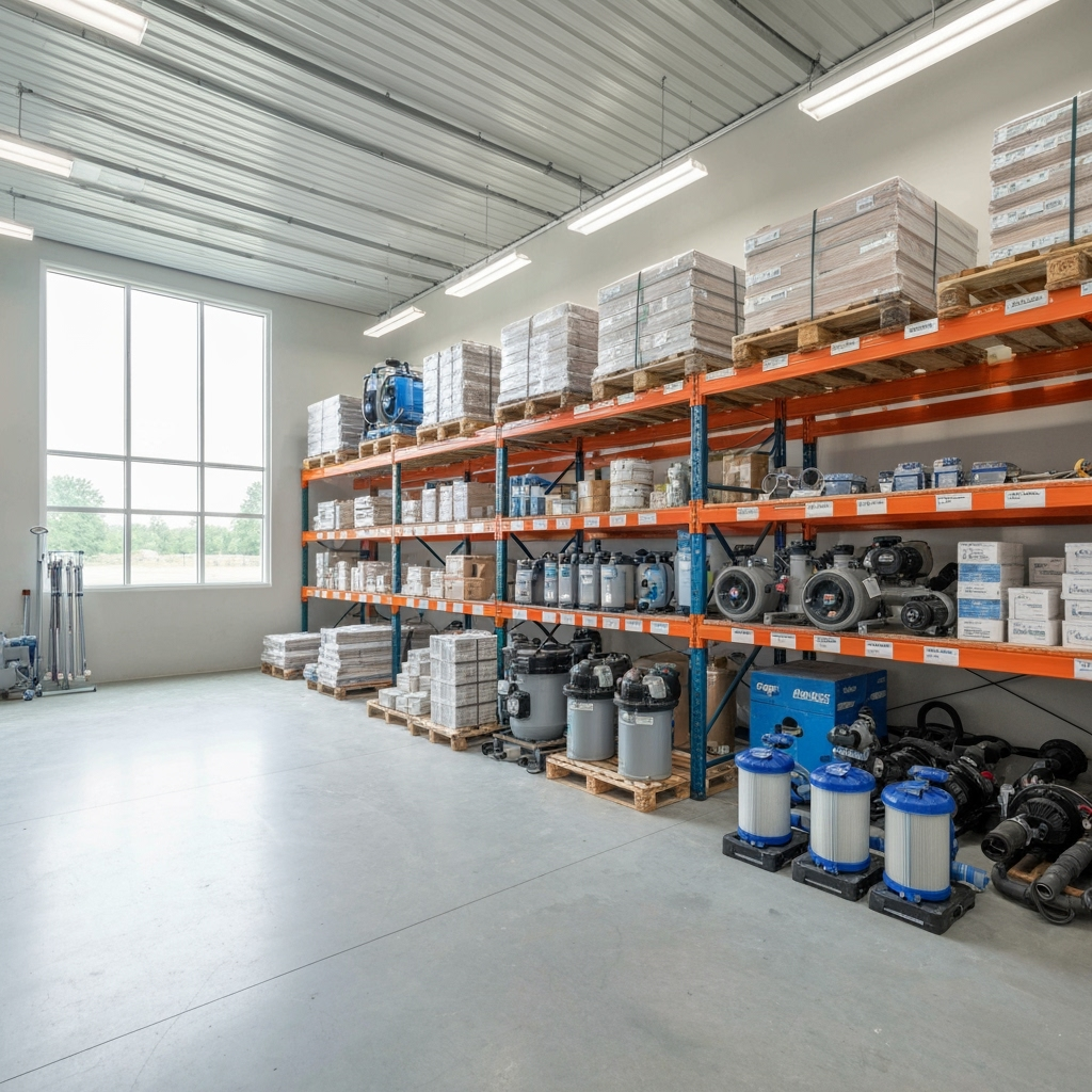 Pool construction materials and equipment properly stored in climate-controlled environment