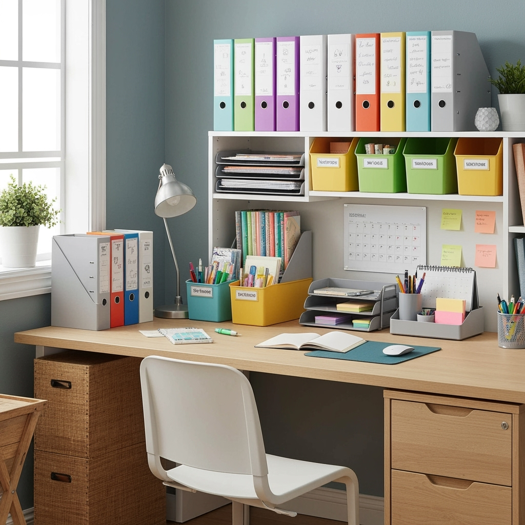 Organized storage zones in a home office