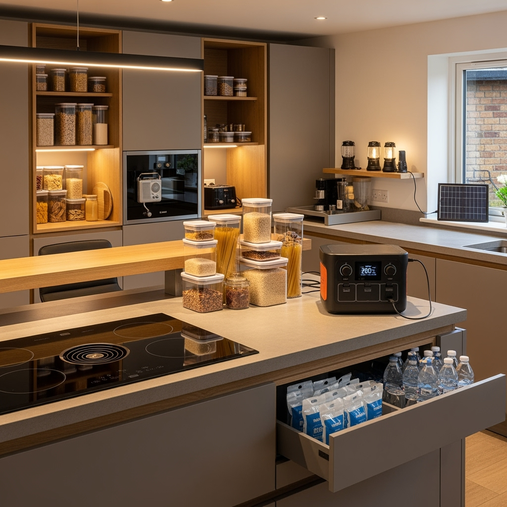 Modern kitchen with organized storage and backup power solutions