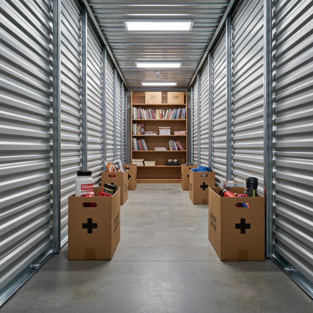 Well-organized storage unit with clear pathways and labeled boxes