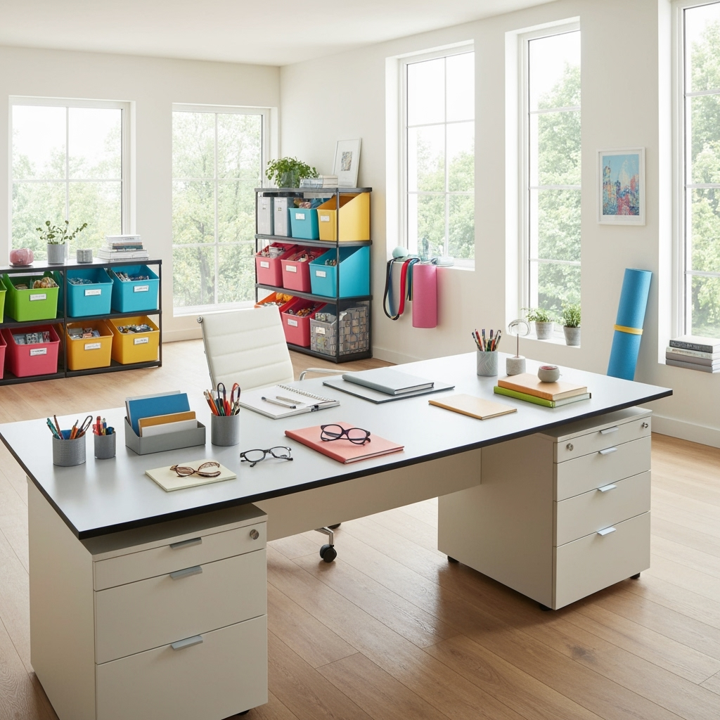 Organized storage solutions for home office equipment