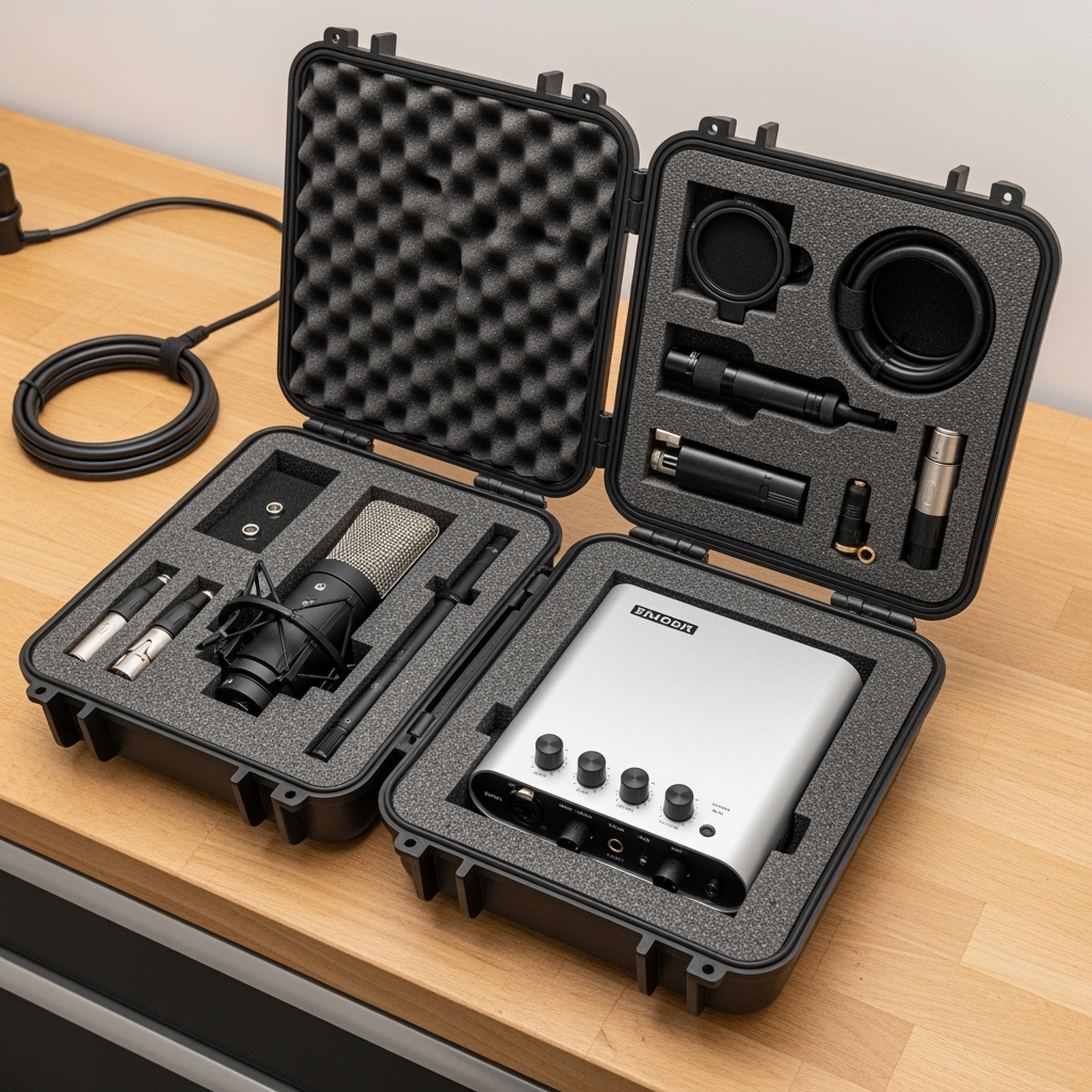 Professional studio microphone and audio interface being carefully packed for storage