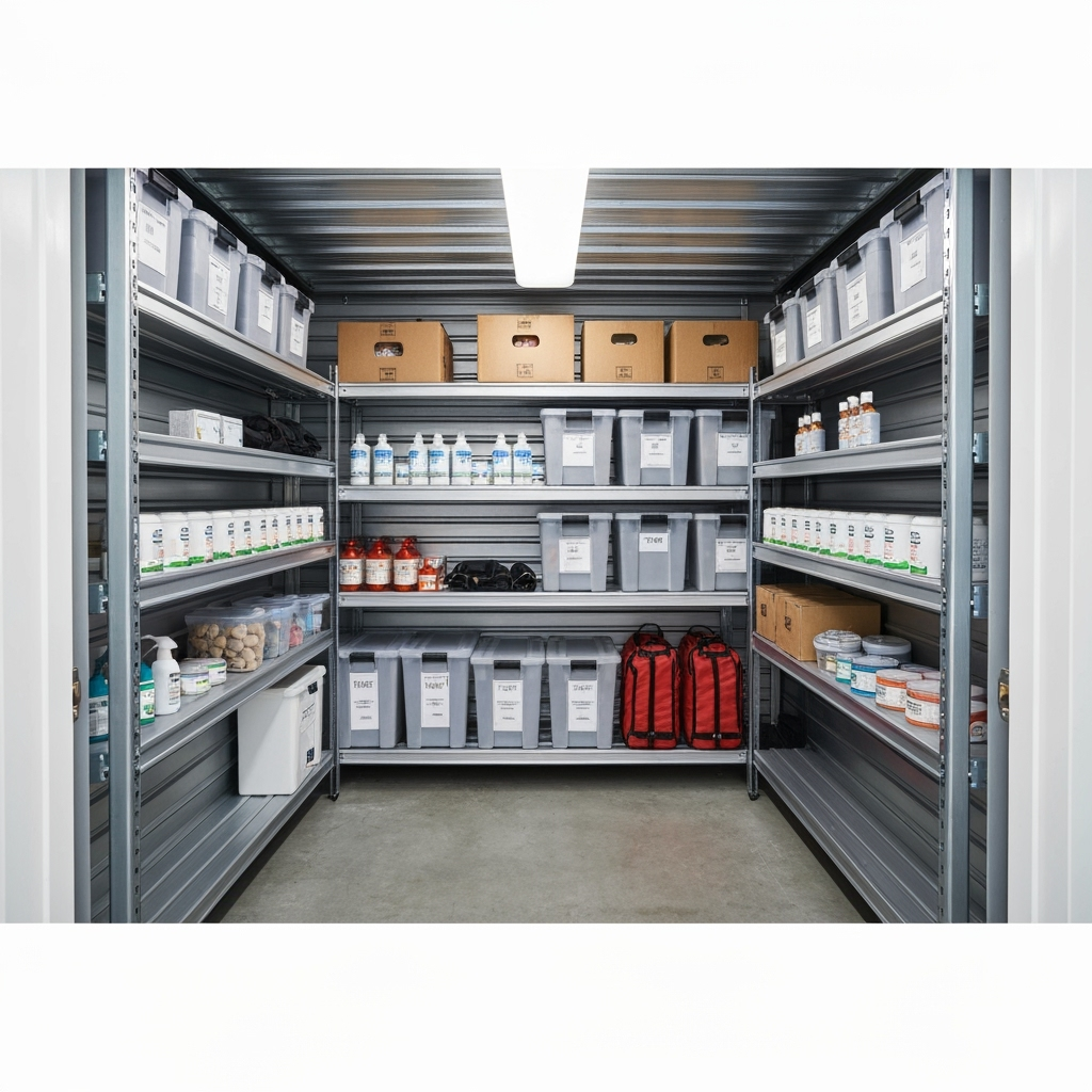 Organized business storage with proper elevation and waterproof containers