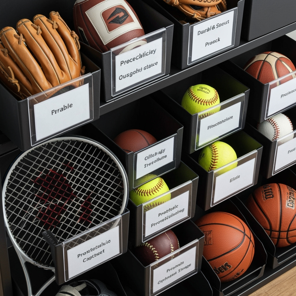 Organized storage bins and racks for sports equipment with clear labeling