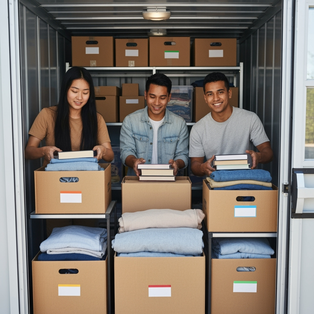 Students efficiently packing and organizing items in a portable storage unit