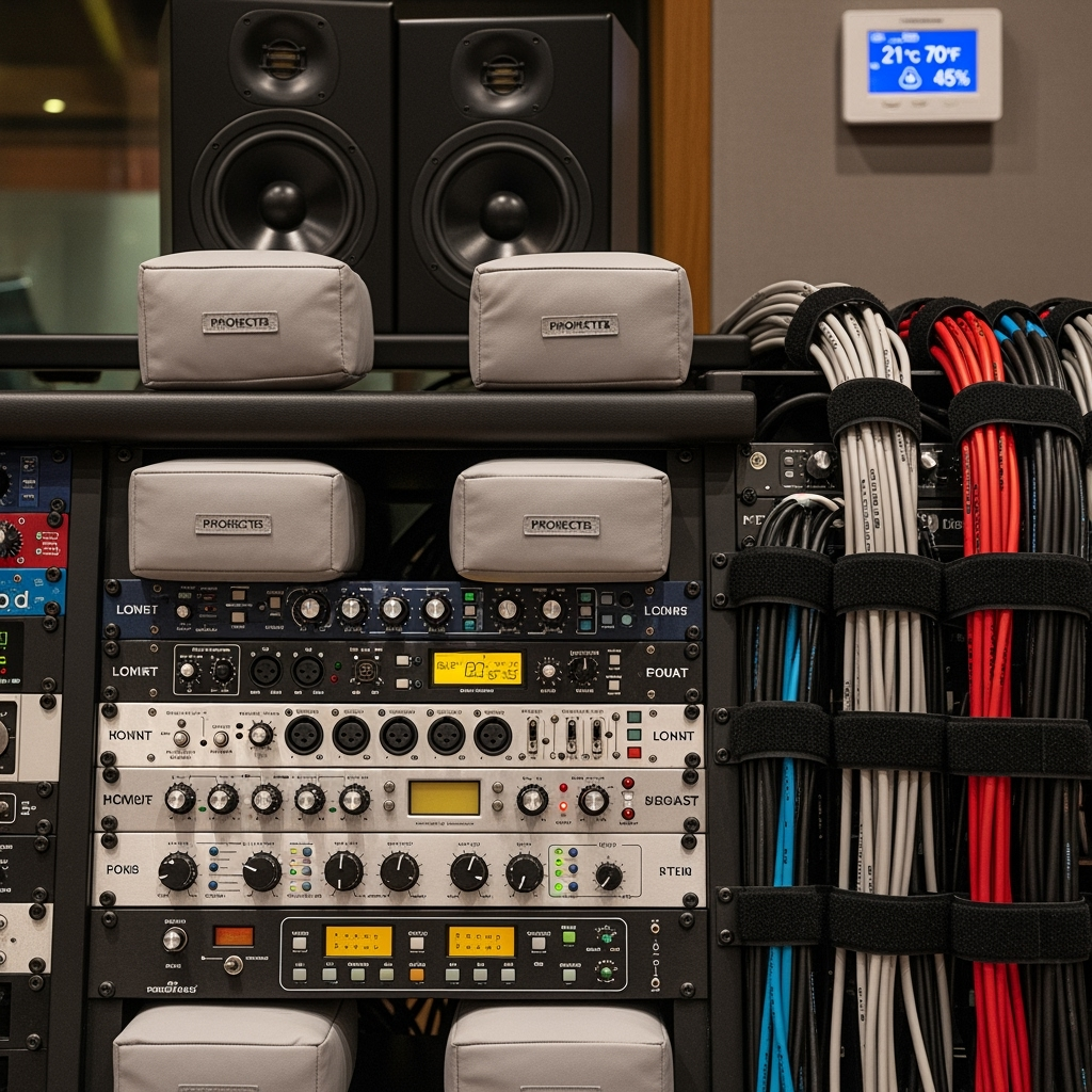 Properly stored studio monitors and audio interfaces with protective covers