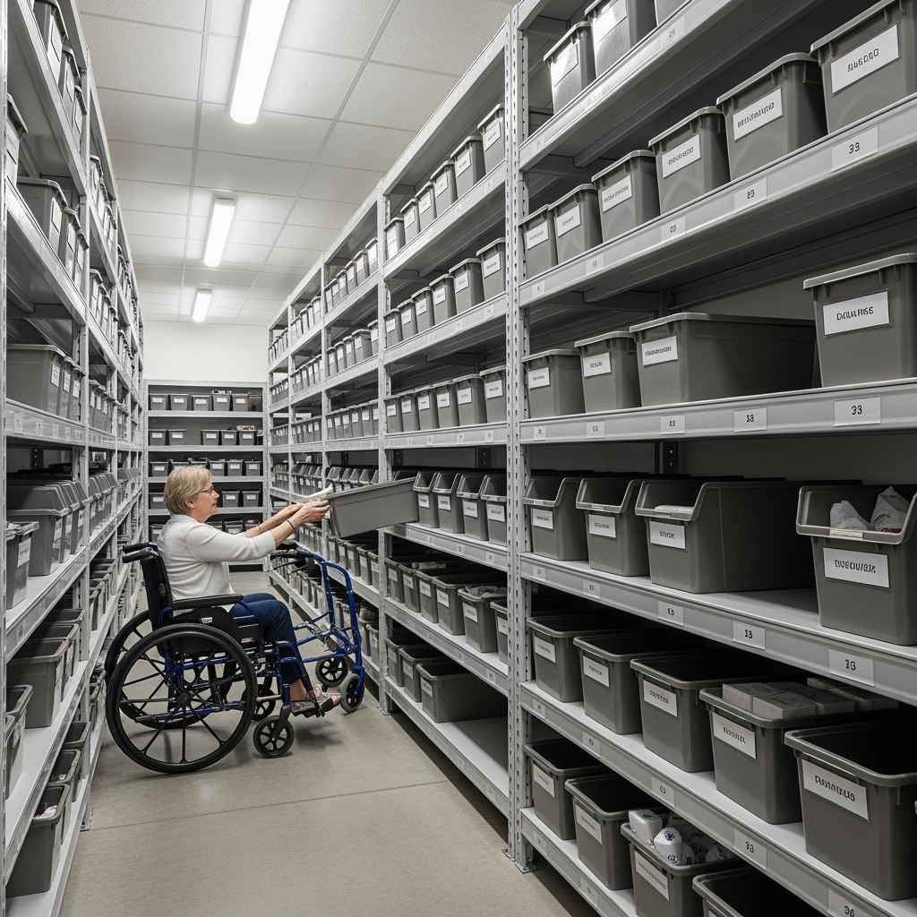 Storage unit with accessible organization showing clear pathways and reachable shelving