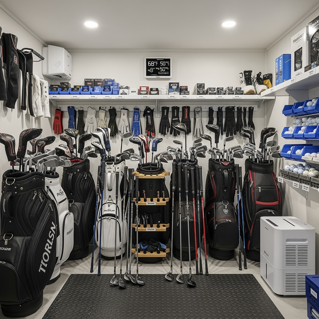 Properly organized golf equipment storage setup