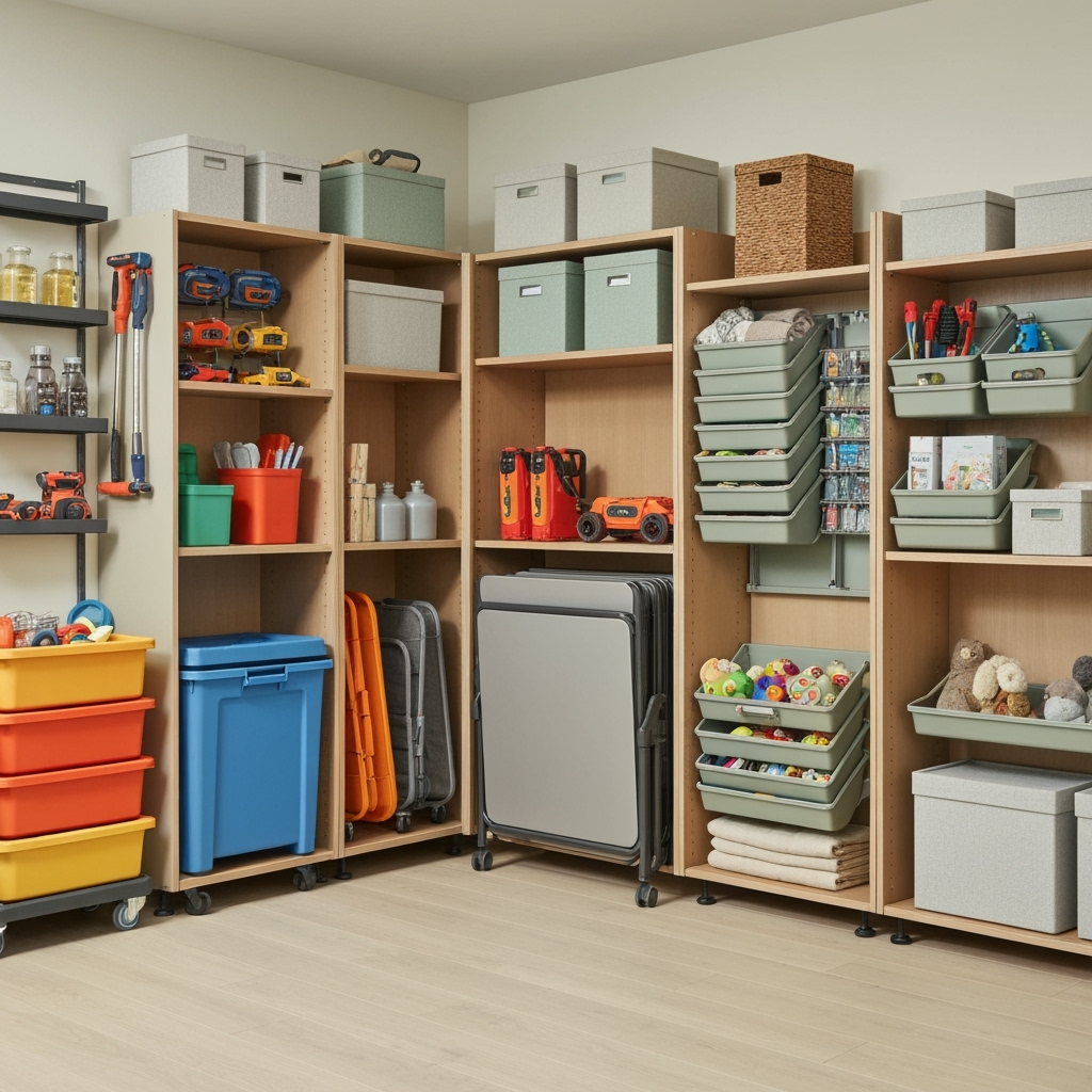 Organized storage system in a multi-purpose room