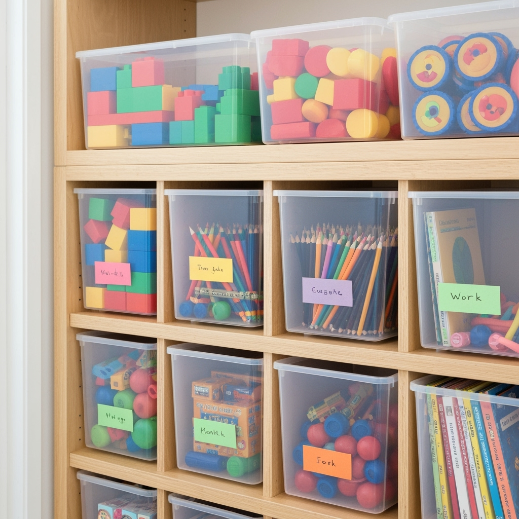 Organized storage shelves with clear bins and labels