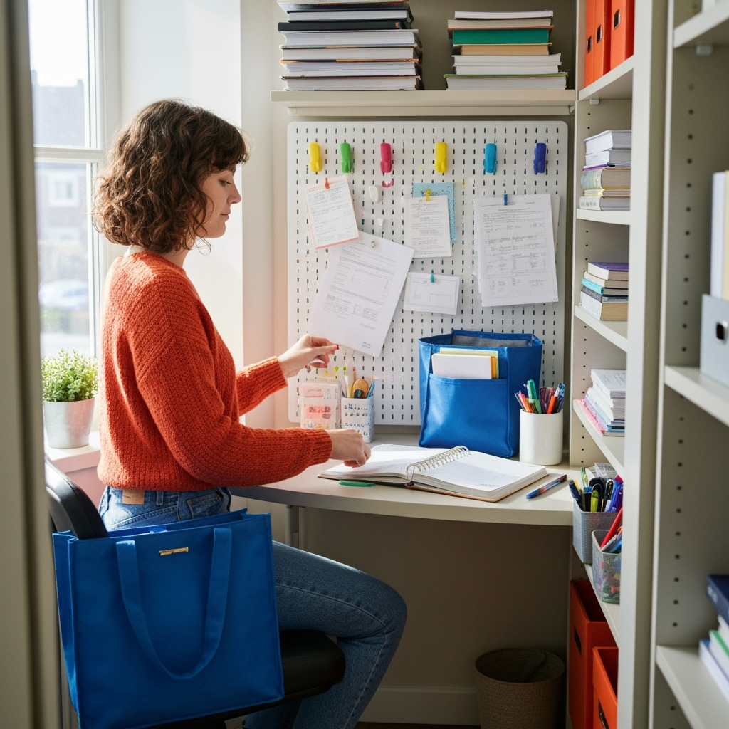 Student organizing study materials in storage space