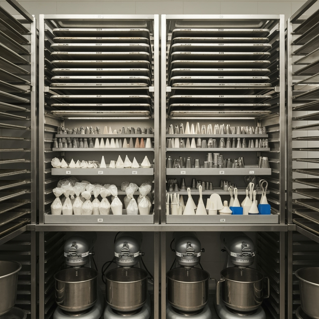 Specialized storage racks for baking equipment