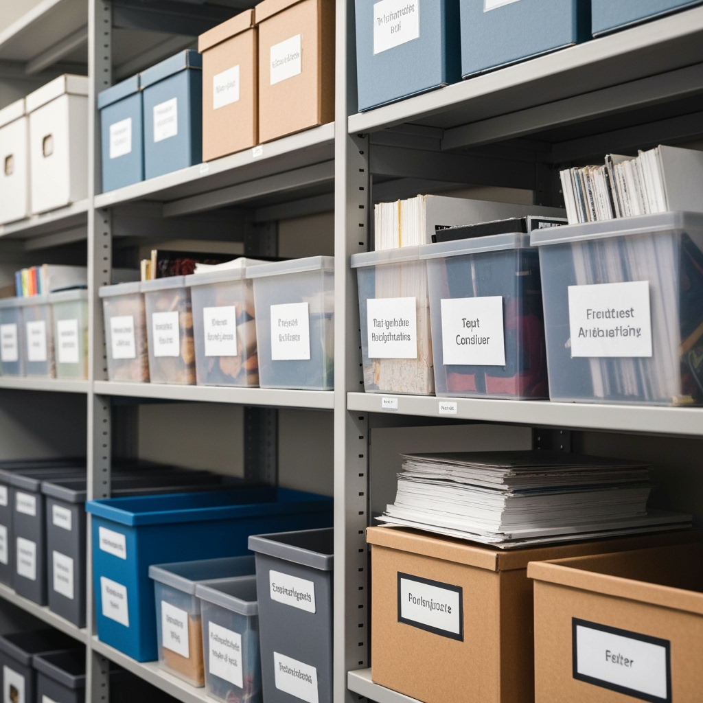 Organized storage shelves with labeled bins and boxes