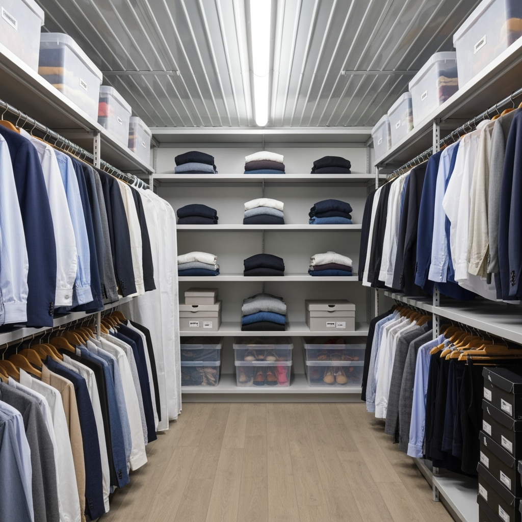 Climate-controlled storage unit interior with professional clothing