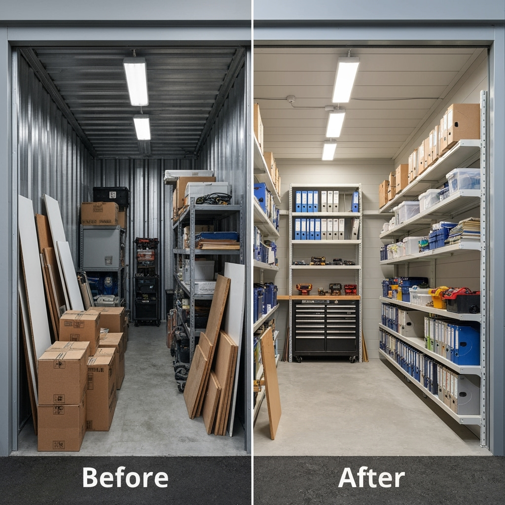 Before and after transformation of storage unit into business space