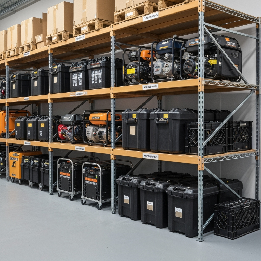 Properly organized storage shelving with emergency power equipment and protective cases