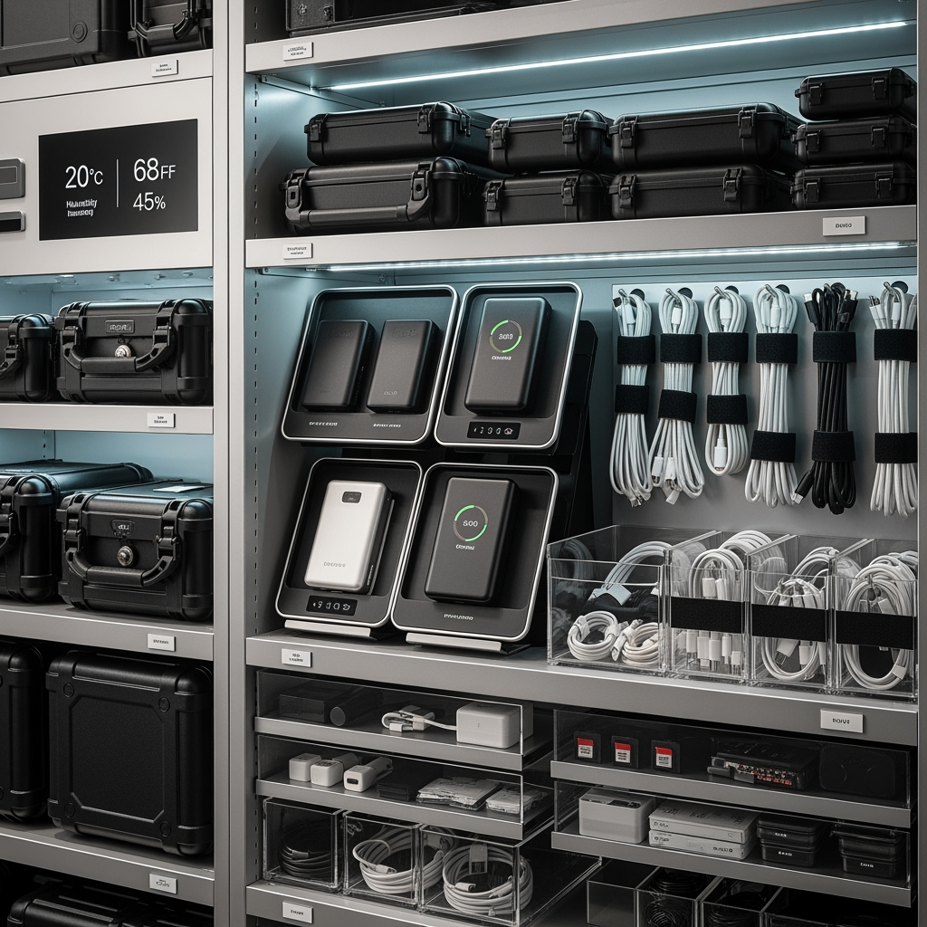 Organized tech equipment in climate-controlled storage
