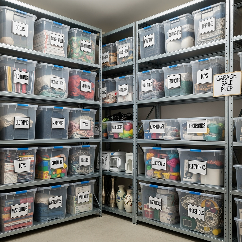 Organized storage shelving with clear bins and labels