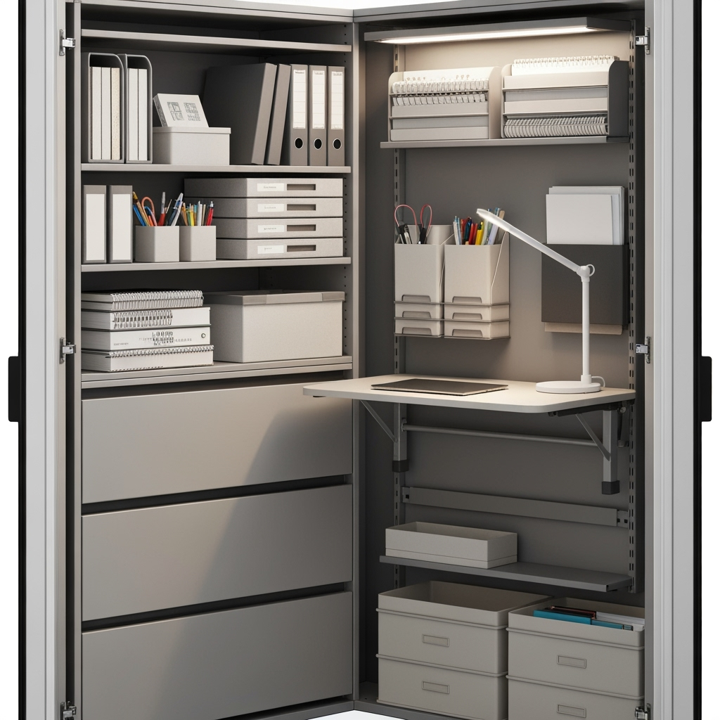 Professional storage unit with organized office supplies and equipment