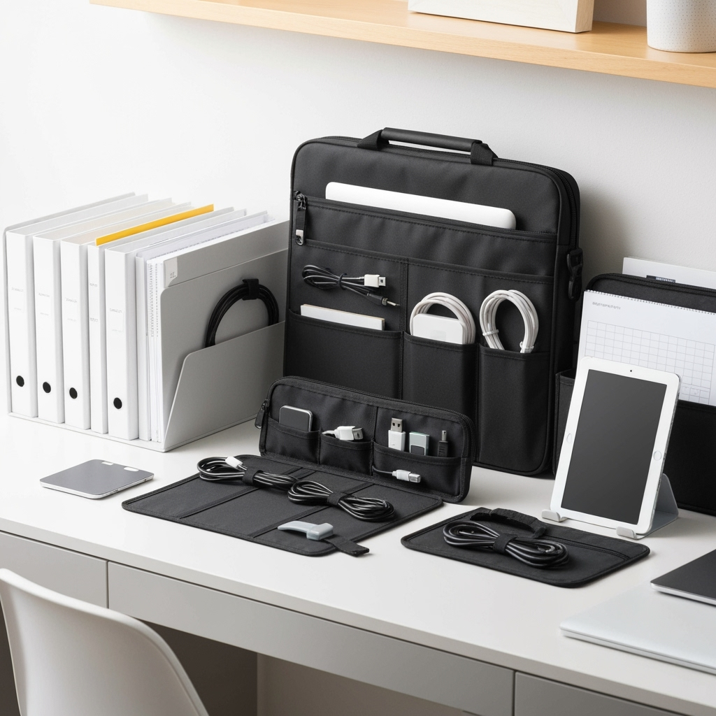 Organized storage systems for mobile office equipment and supplies