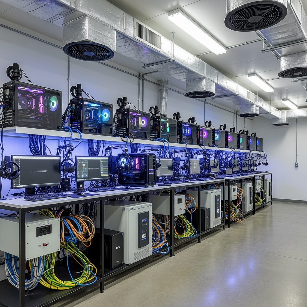 Organized gaming and streaming equipment in storage with proper climate control