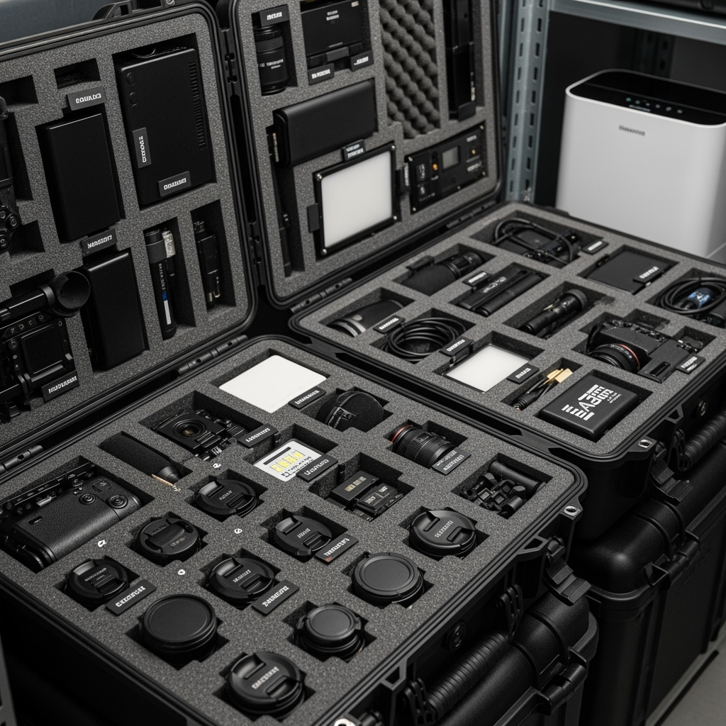 Organized storage setup for professional content creation equipment