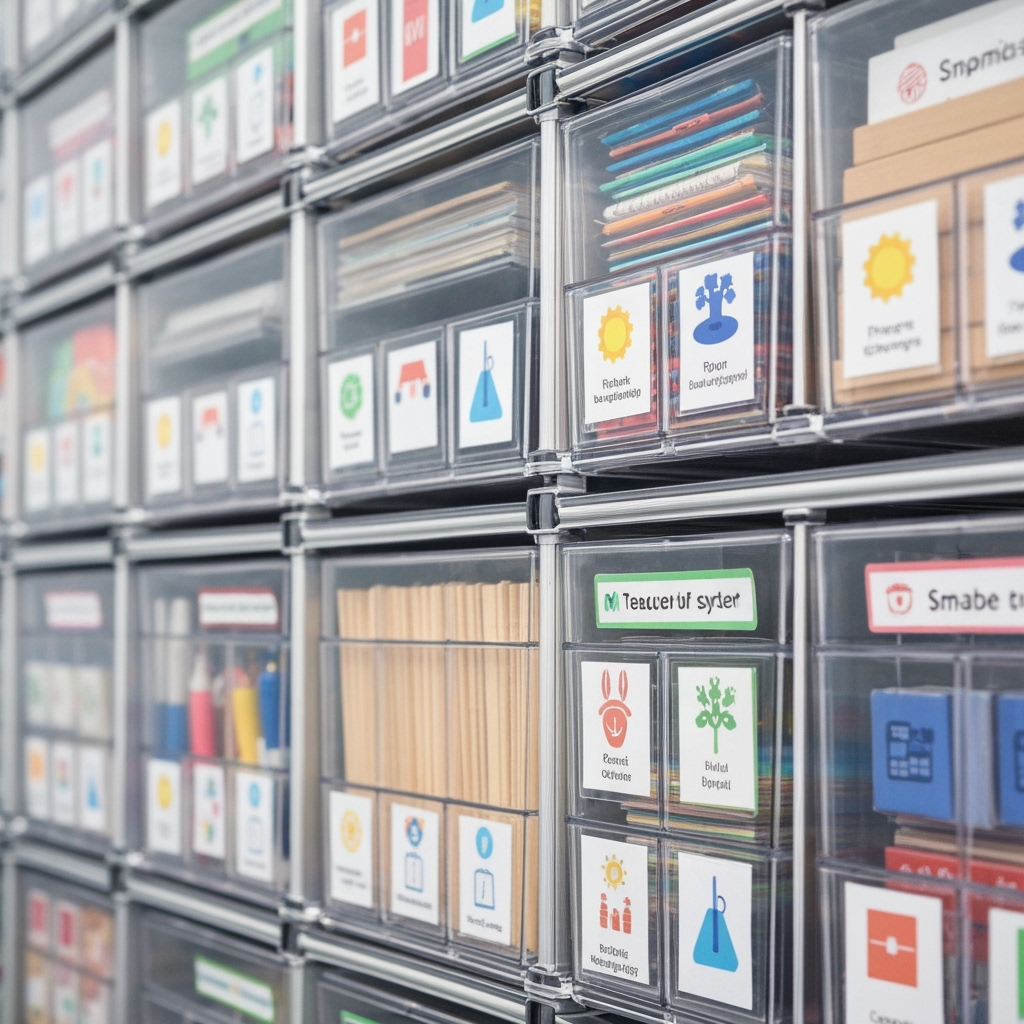 Organized teaching supplies and materials in storage containers