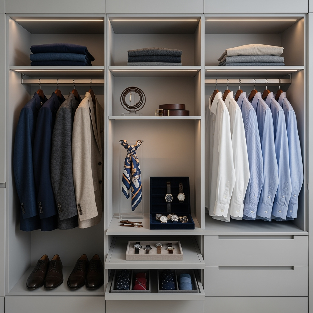 Modern storage solutions showing organized office wear and accessories
