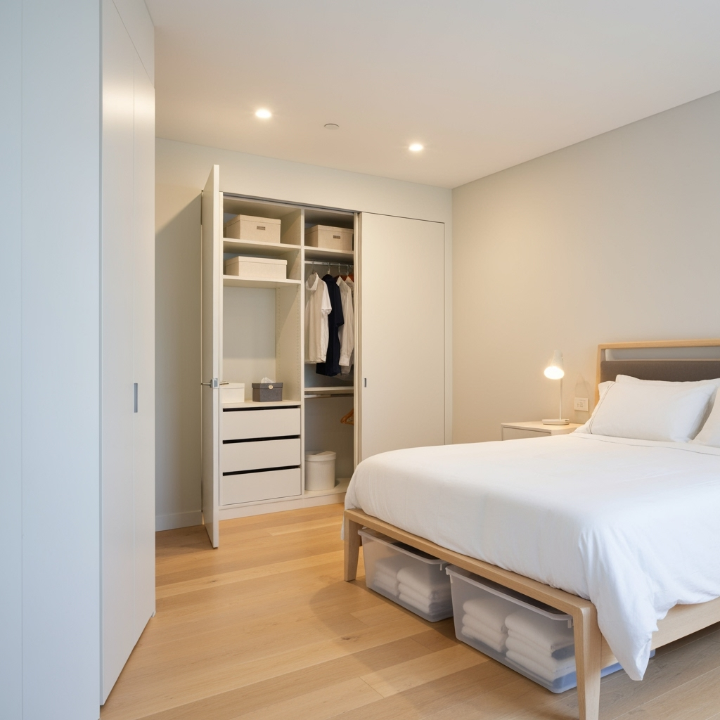 Organized apartment bedroom with smart storage solutions