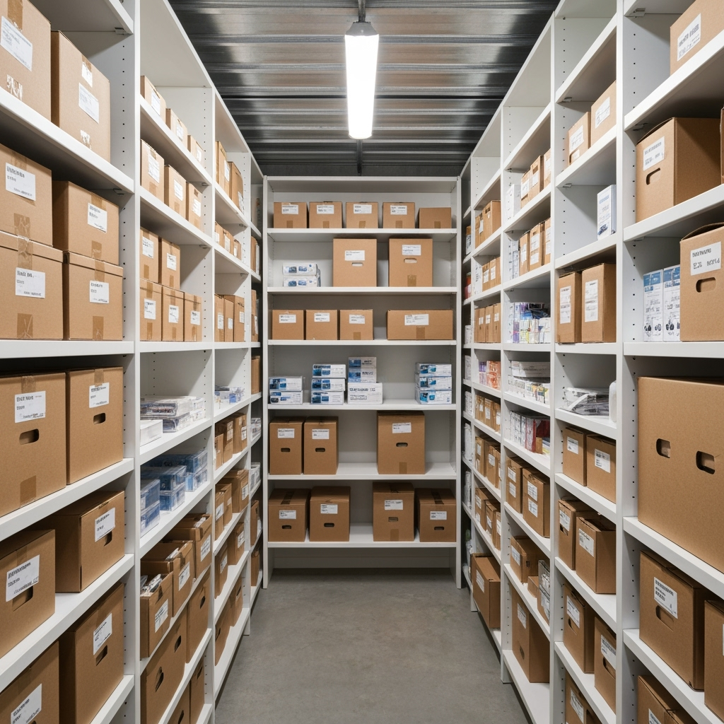 Organized storage unit with virtual business equipment
