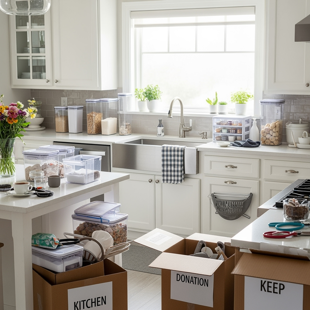 Organized kitchen with decluttering in progress