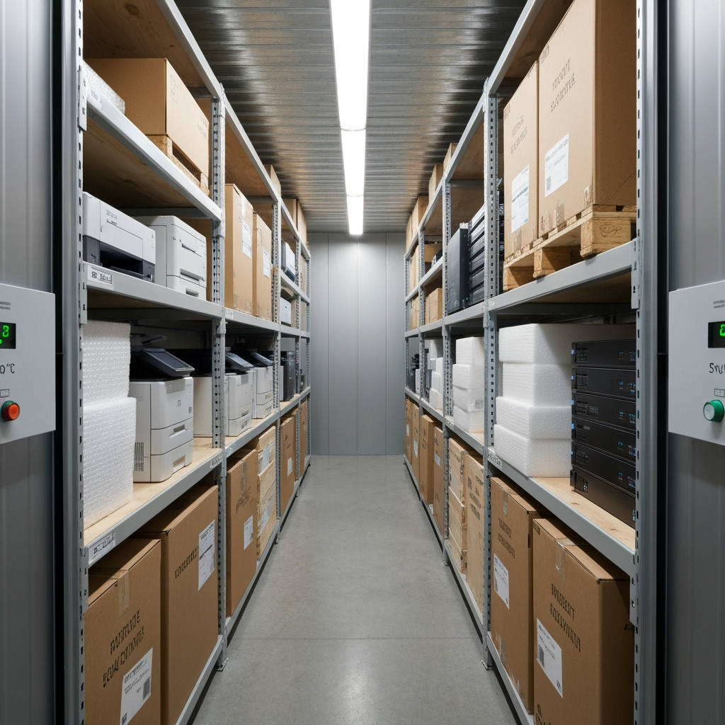 Protected office equipment in climate-controlled storage
