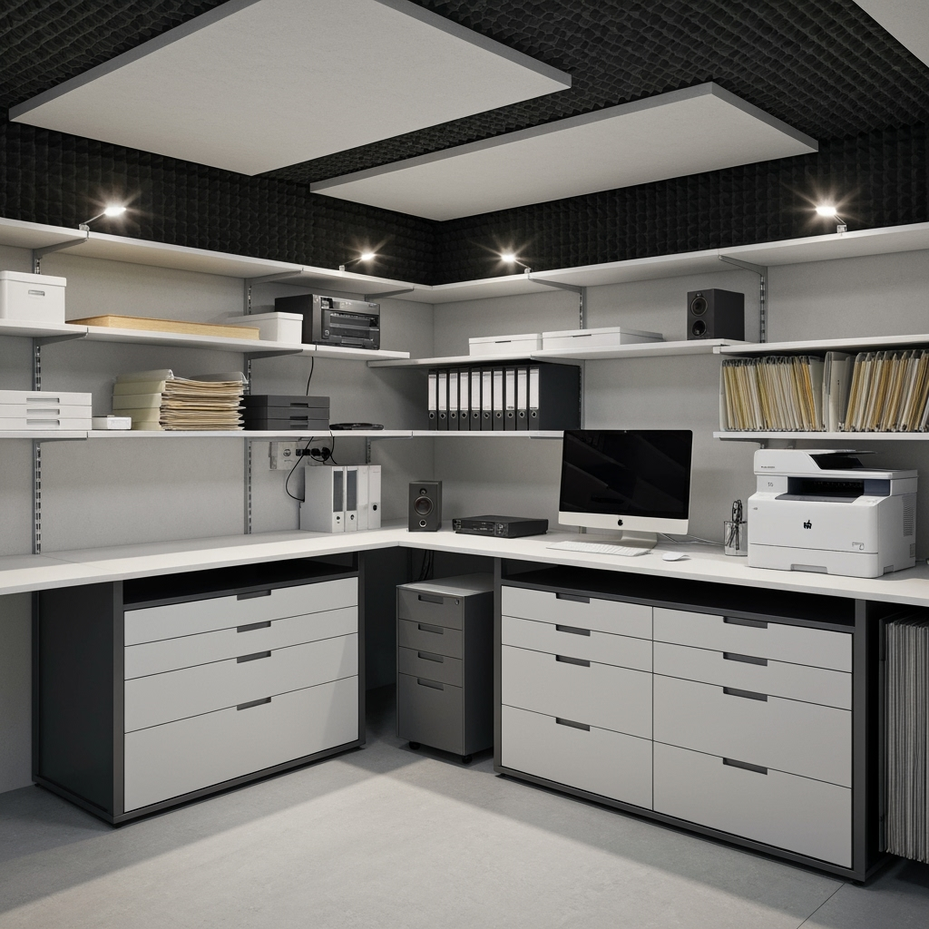 Storage unit with soundproofing materials and office equipment