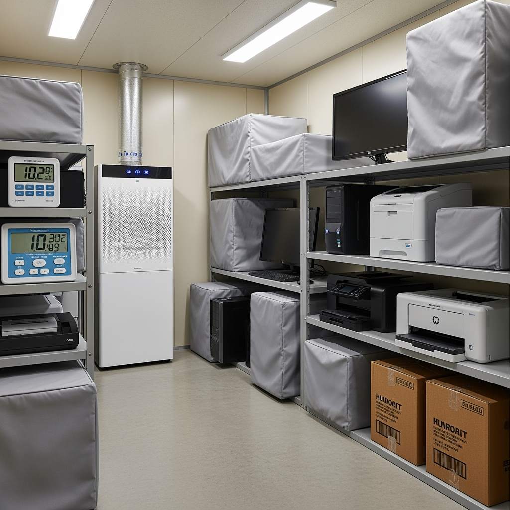 Protected electronics and office equipment with dust covers and air purification