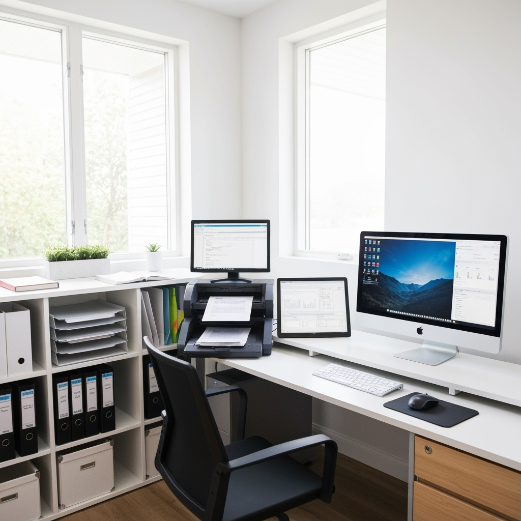 Professional home office with document digitization setup