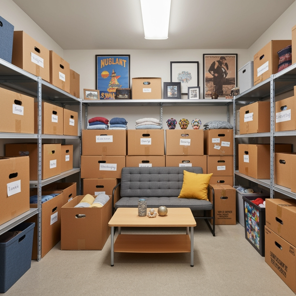 Well-organized storage unit with labeled boxes and furniture