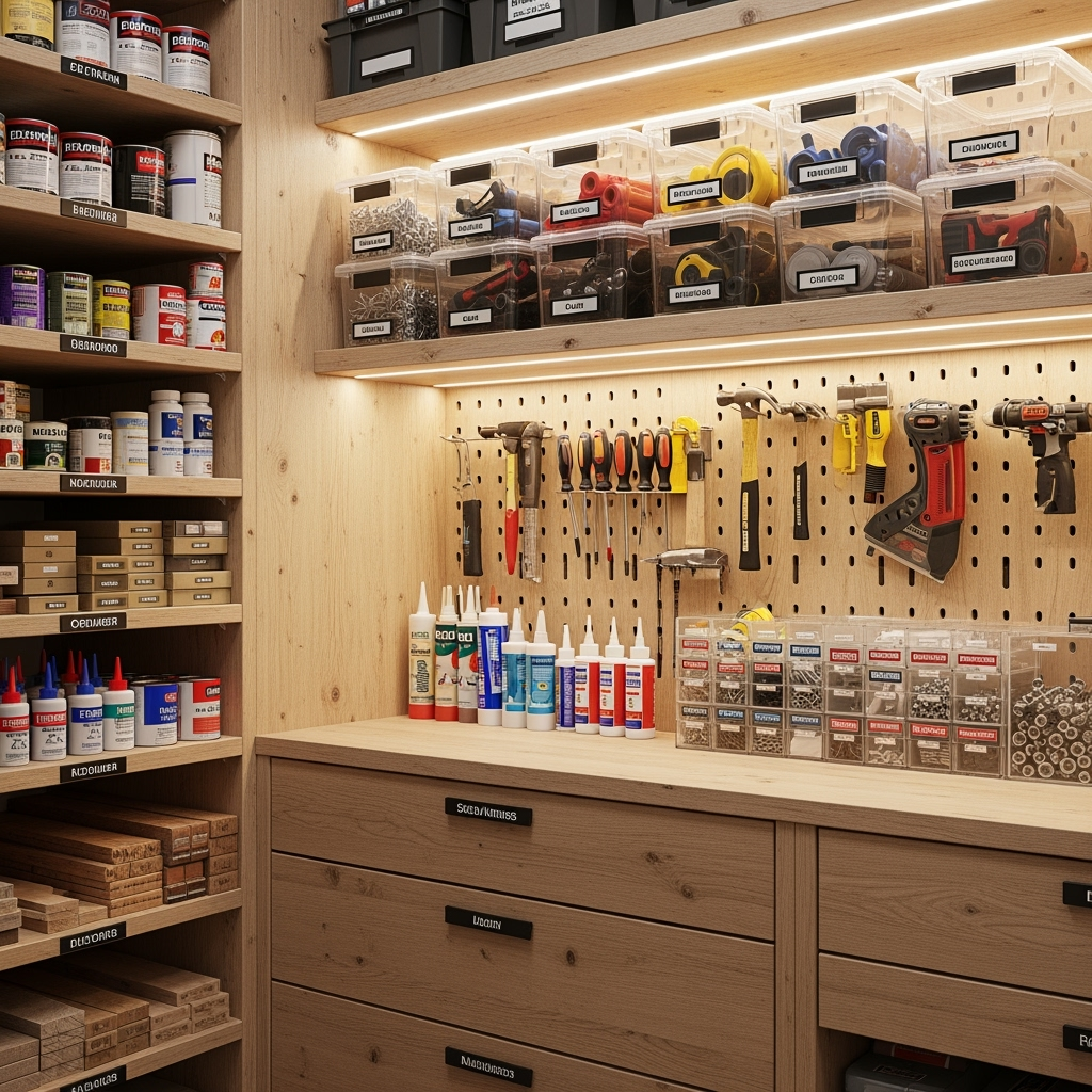 Organized storage zones for renovation materials and tools