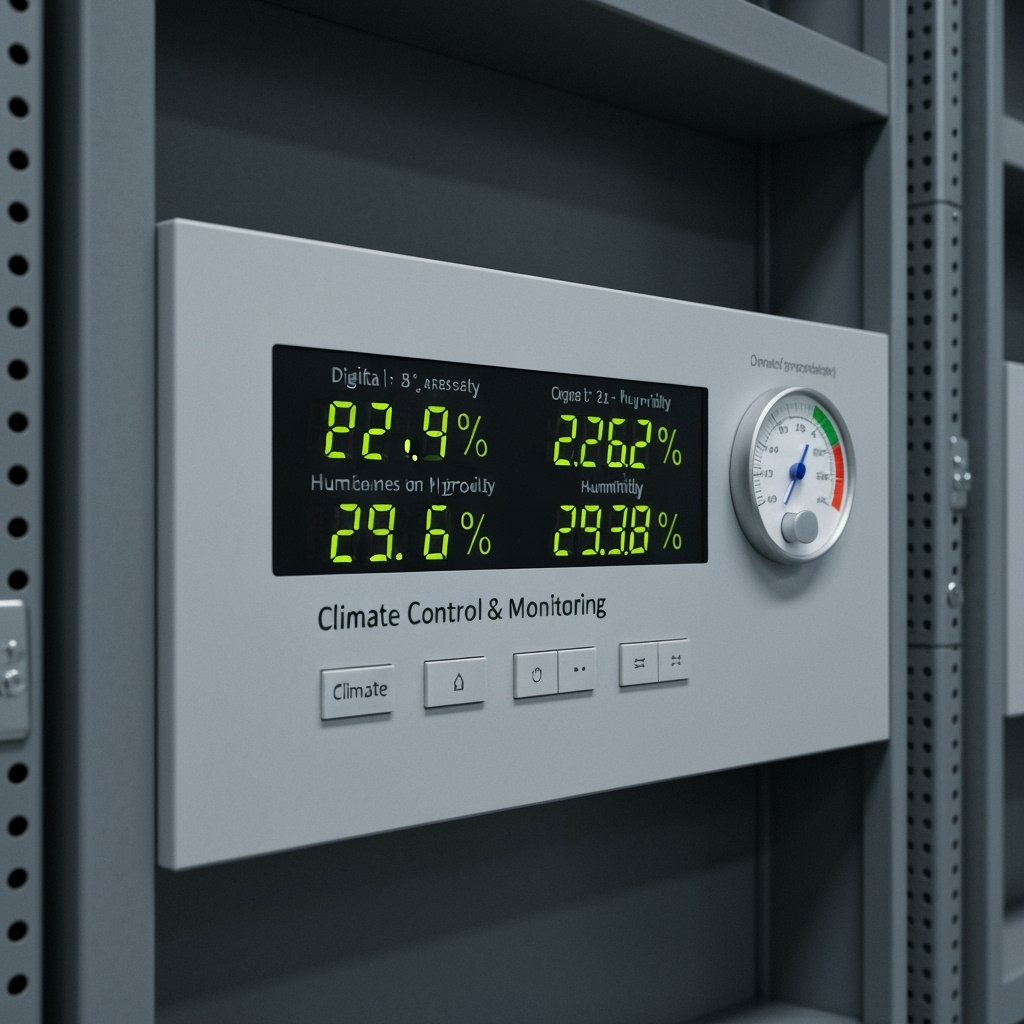 Climate control panel showing temperature and humidity readings for document storage