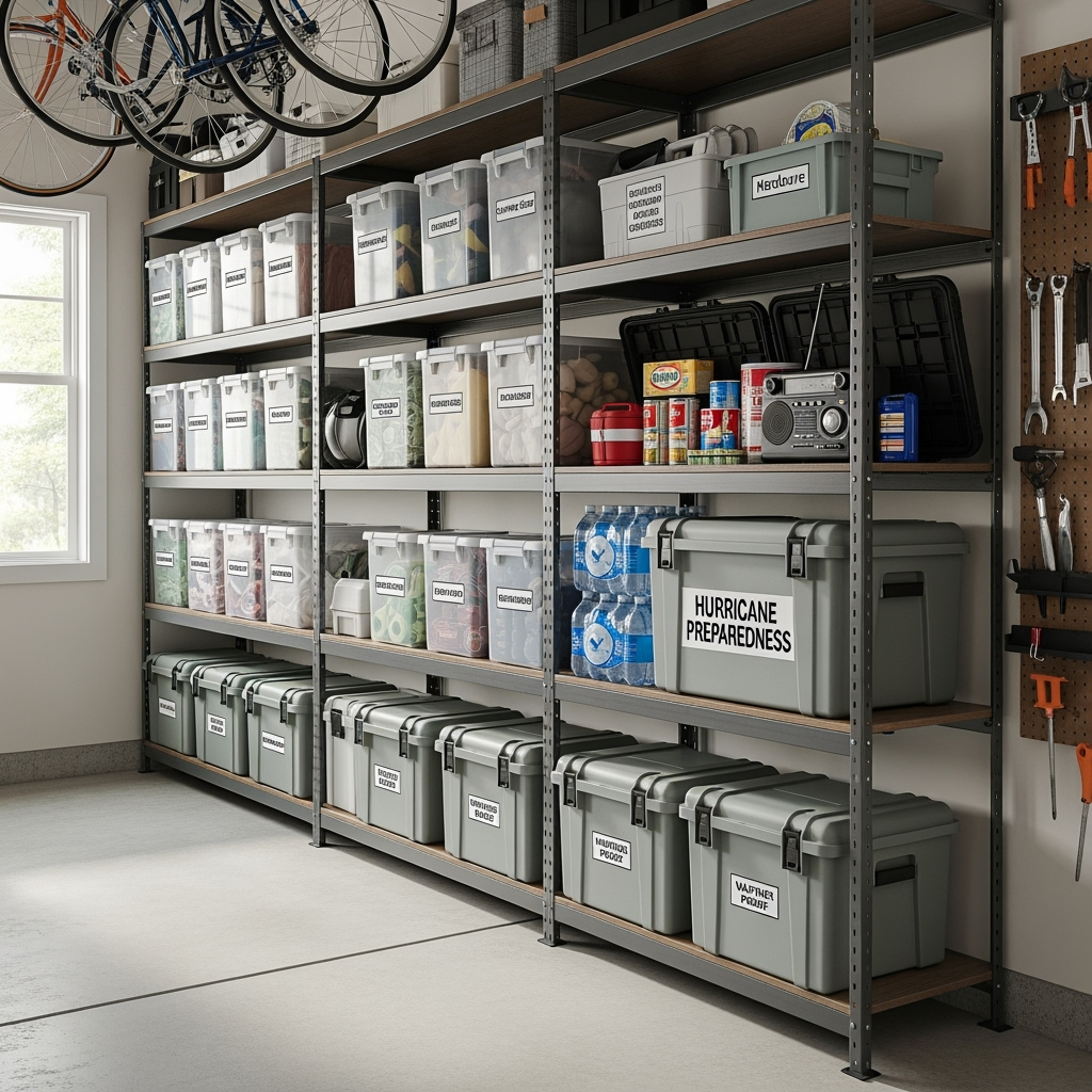 Well-organized garage with hurricane preparedness storage solutions