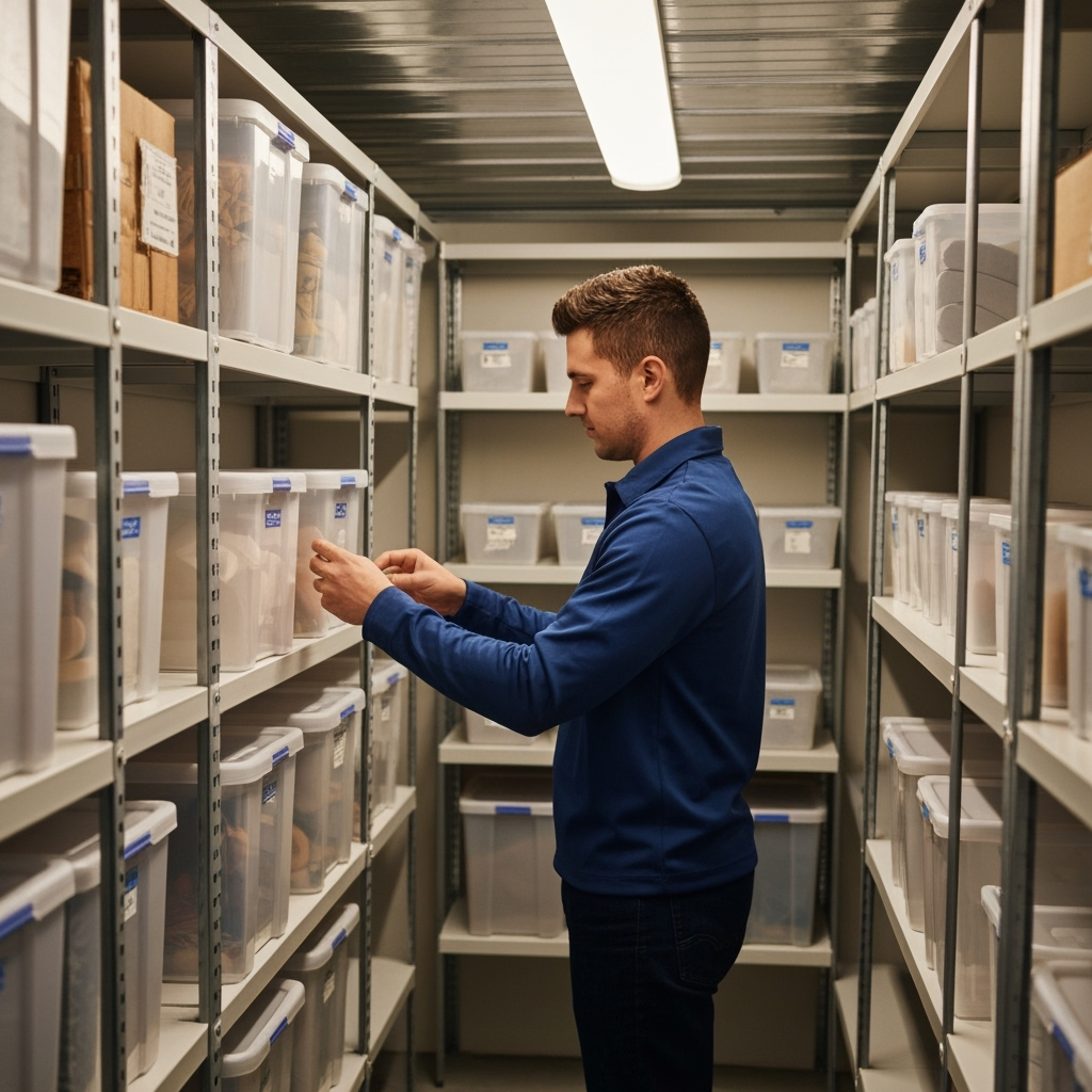 Business owner organizing inventory in climate-controlled storage