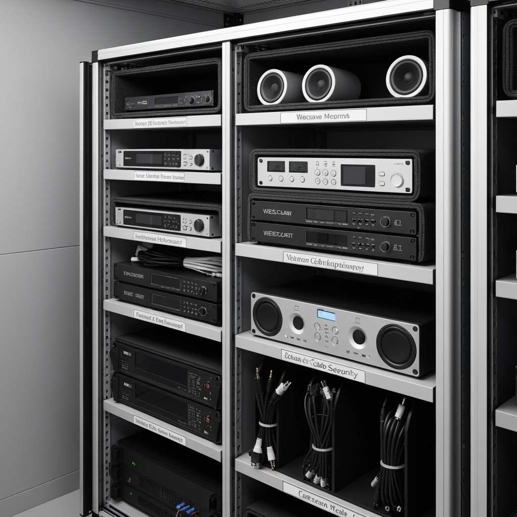 Detailed storage system for video conferencing equipment