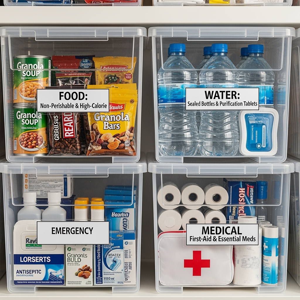 Organized emergency supplies in storage bins